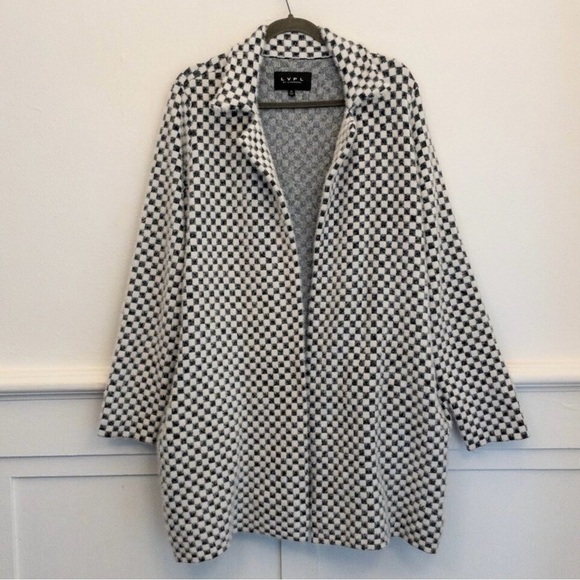 LVPL by Liverpool Black White Checkered Sweater Jacket Coat Open Front Medium - Picture 5 of 5